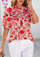 Floral Short Sleeve Dressy Casual Boho Pleated  Blouses