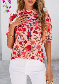 Floral Short Sleeve Dressy Casual Boho Pleated  Blouses