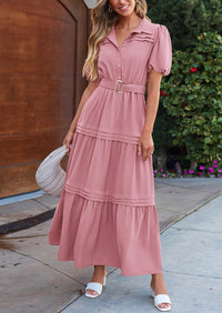 Puff Short Sleeve Lapel V Neck Tiered A-Line Flowy Party Dresses With Belt