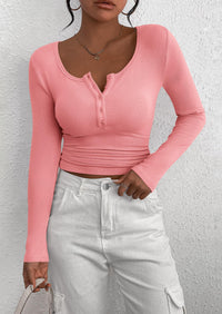 Long Sleeve Henley Button Down Ribbed Knit Slim Fit Casual T-shirts