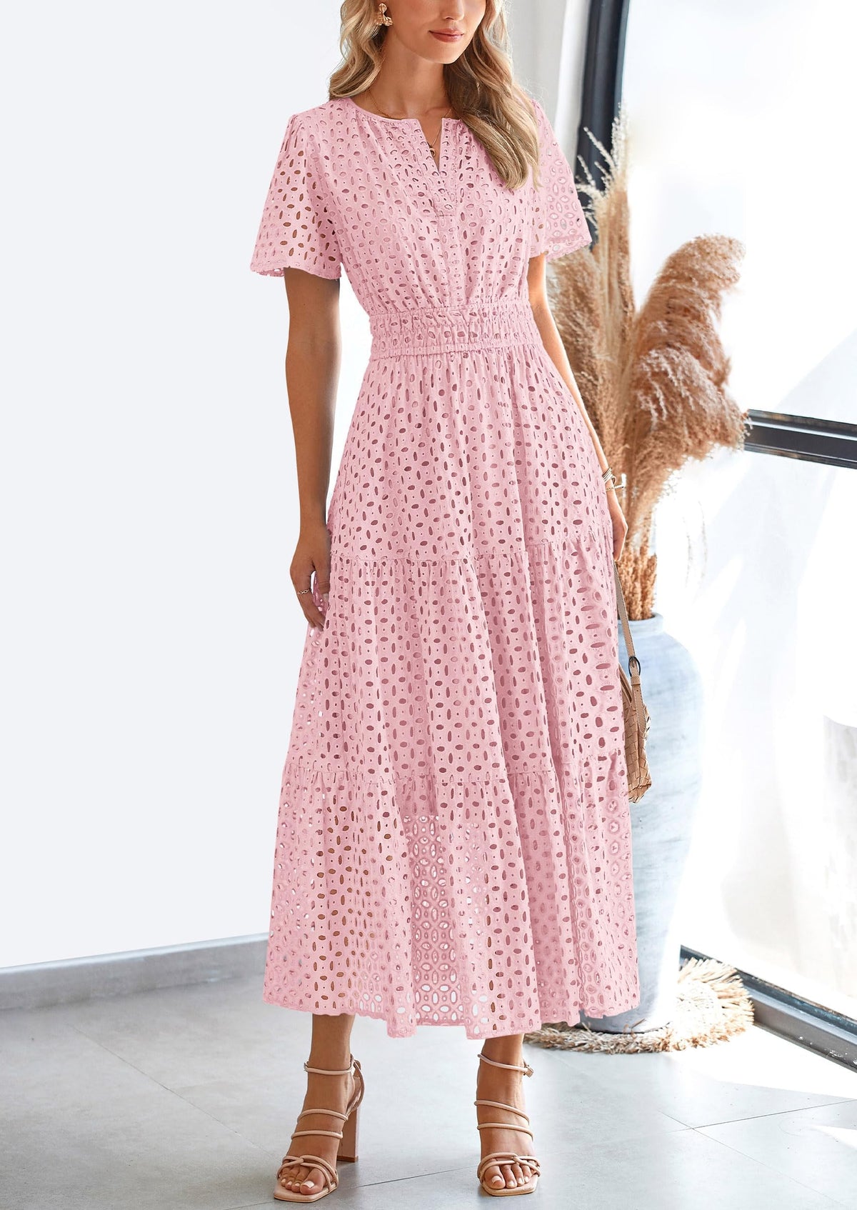 Short Sleeve V Neck Hollow Out Eyelet A Line Long Beach Maxi Dress