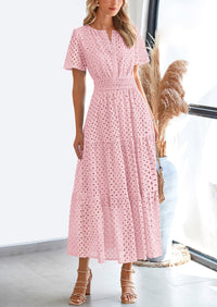 Short Sleeve V Neck Hollow Out Eyelet A Line Long Beach Maxi Dress