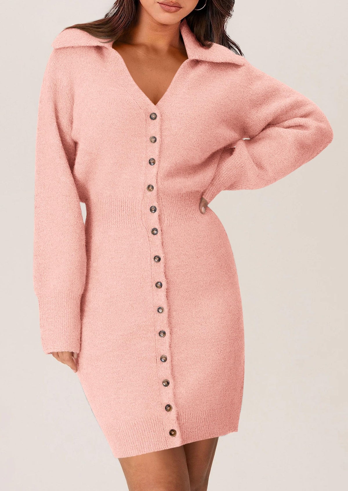Long Sleeve V Neck Button Down Knit Pullover Sweater Dresses