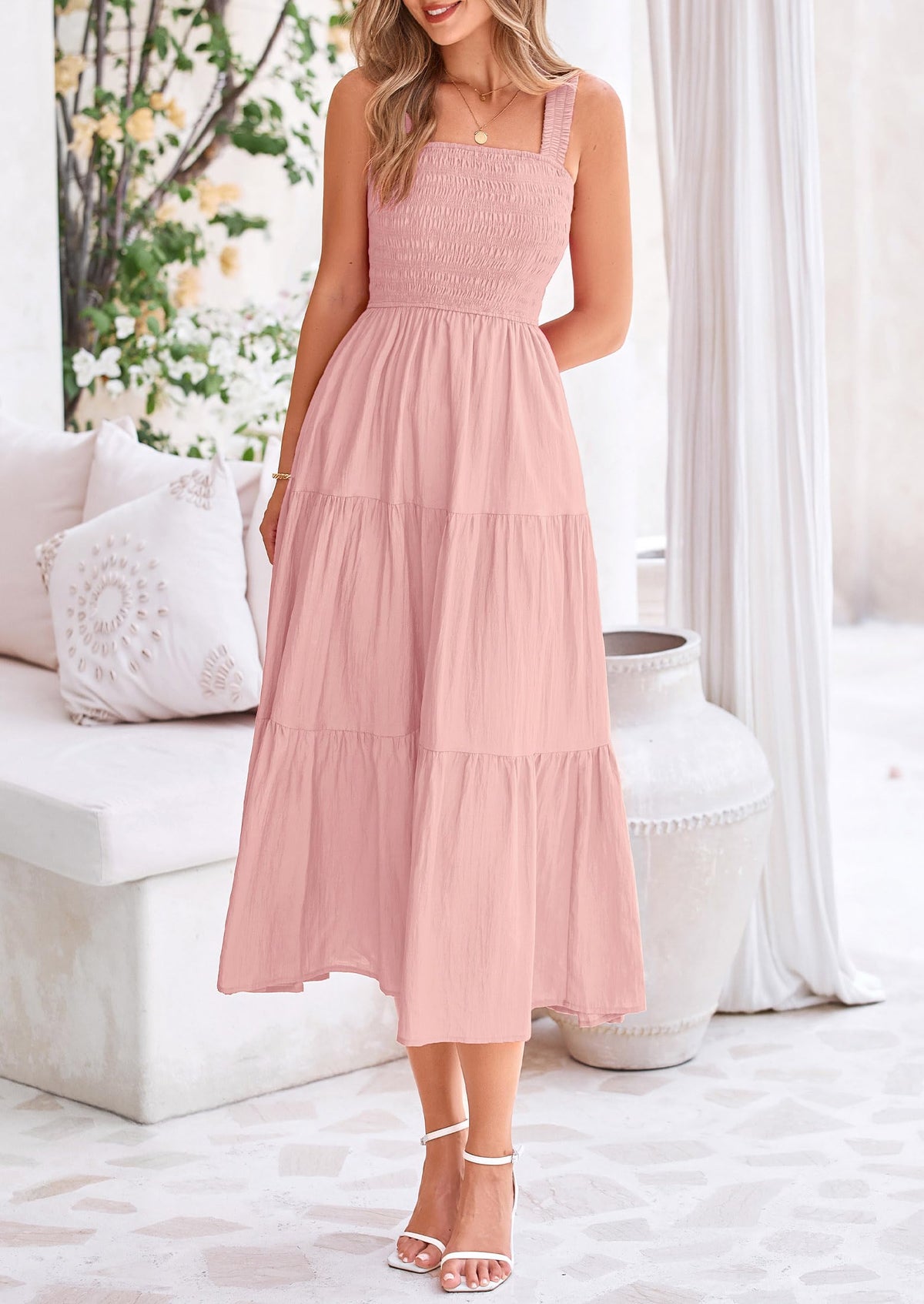 Smocked Ruffle A Line Long Flowy Sleeveless Beach Midi Dress