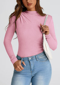 Y2K Long Sleeve Mock Neck Ruched Slim Fitted Casual Blouses