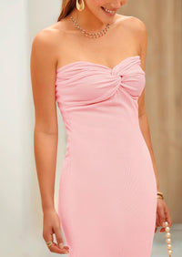 Strapless Tube Twist Knot Front Ribbed Knit Elegant Bodycon Maxi Dresses With Slit