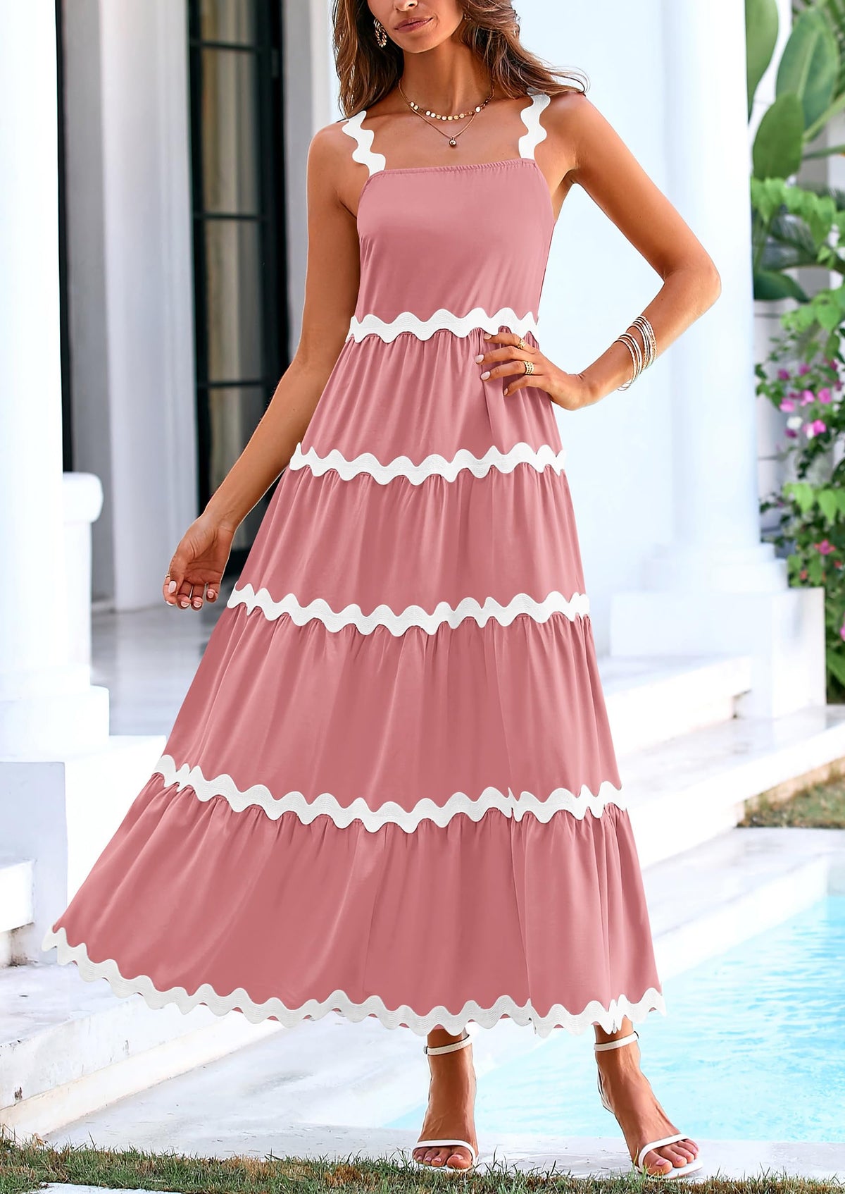 Spaghetti Strap Ruffle Flowy Boho Casual Beach Vacation Maxi Dresses