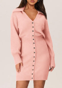 Long Sleeve V Neck Button Down Knit Pullover Sweater Dresses