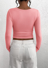 Long Sleeve Henley Button Down Ribbed Knit Slim Fit Casual T-shirts