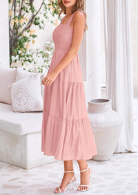 Smocked Ruffle A Line Long Flowy Sleeveless Beach Midi Dress
