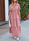 PRETTYGARDEN Women's Summer Maxi Dress Puff Short Sleeve Lapel V Neck Tiered A Line Flowy Elegant Party Dresses with Belt