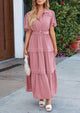 Puff Short Sleeve Lapel V Neck Tiered A-Line Flowy Party Dresses With Belt