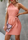 PRETTYGARDEN Women's Summer One Shoulder Mini Short Dresses Irregular Hem Belted Fitted Spring Cocktail Party Dress