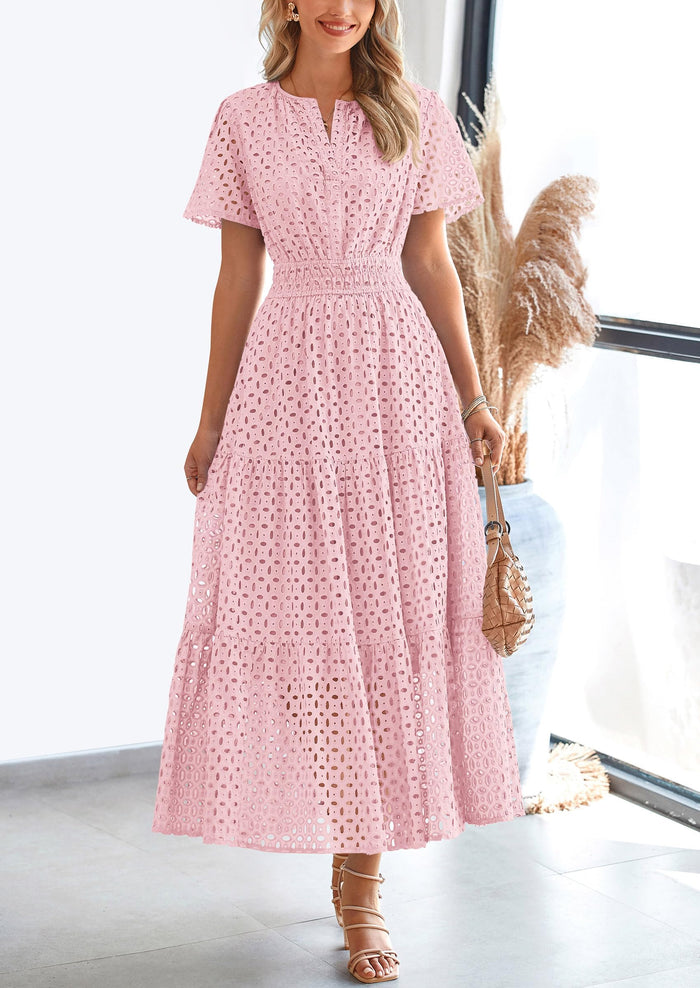 Short Sleeve V Neck Hollow Out Eyelet A Line Long Beach Maxi Dress
