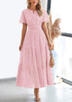Short Sleeve V Neck Hollow Out Eyelet A Line Long Beach Maxi Dress
