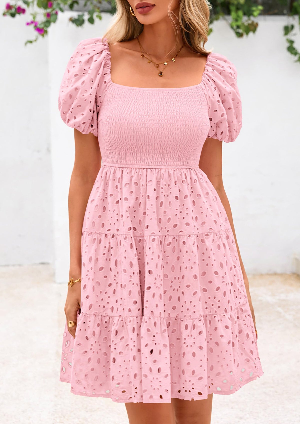 Puff Sleeve Off Shoulder Eyelet Smocked A Line Casual Babydoll Mini Dress