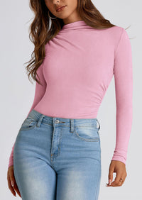 Y2K Long Sleeve Mock Neck Ruched Slim Fitted Casual Blouses