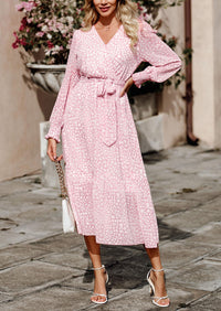 Long Sleeve V Neck Ruffle Belted Boho Dresses