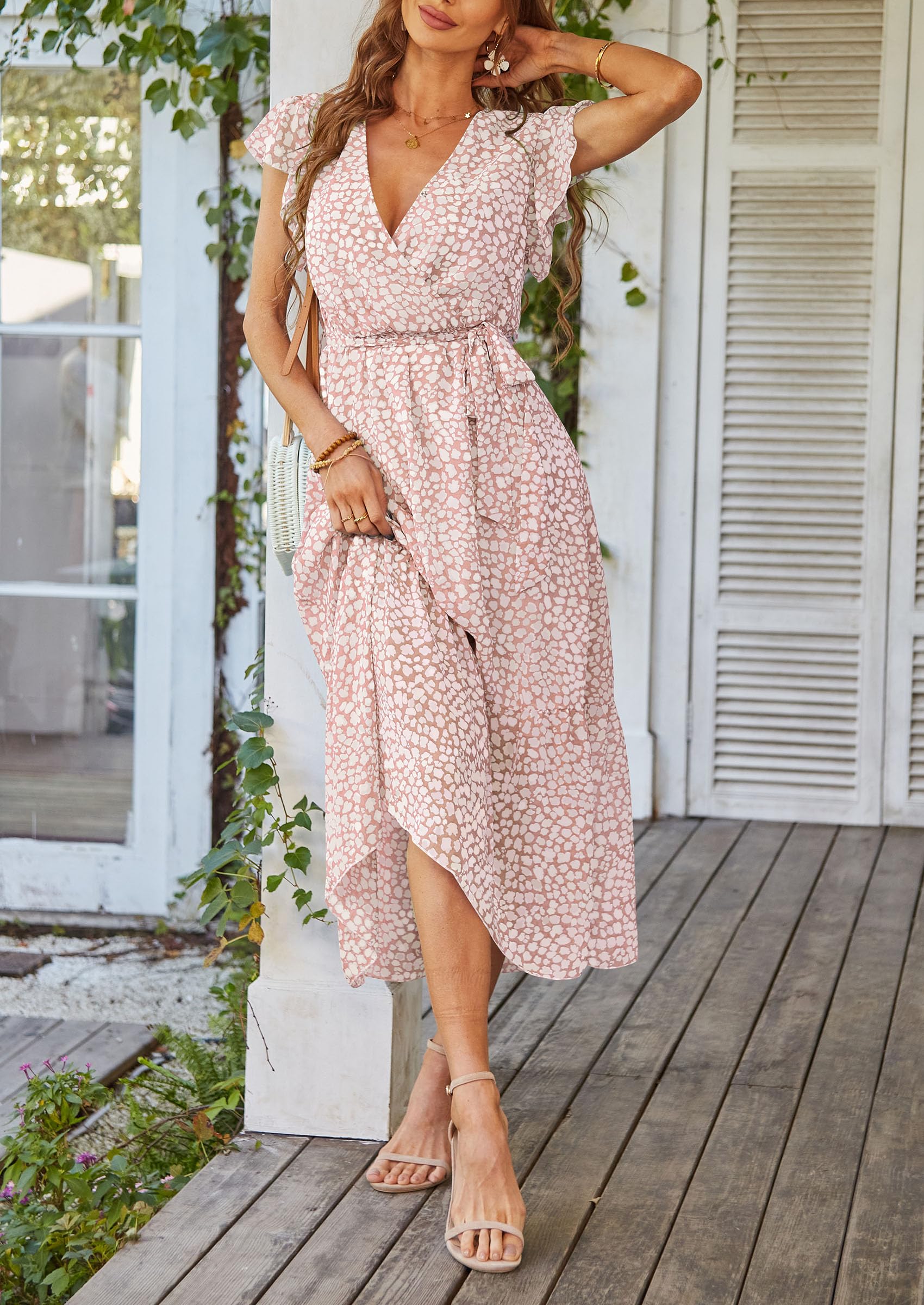 Floral Wrap V Neck Hem A-Line Bohemian Maxi Dress-PRETTY GARDEN