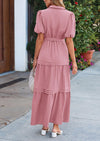 PRETTYGARDEN Women's Summer Maxi Dress Puff Short Sleeve Lapel V Neck Tiered A Line Flowy Elegant Party Dresses with Belt