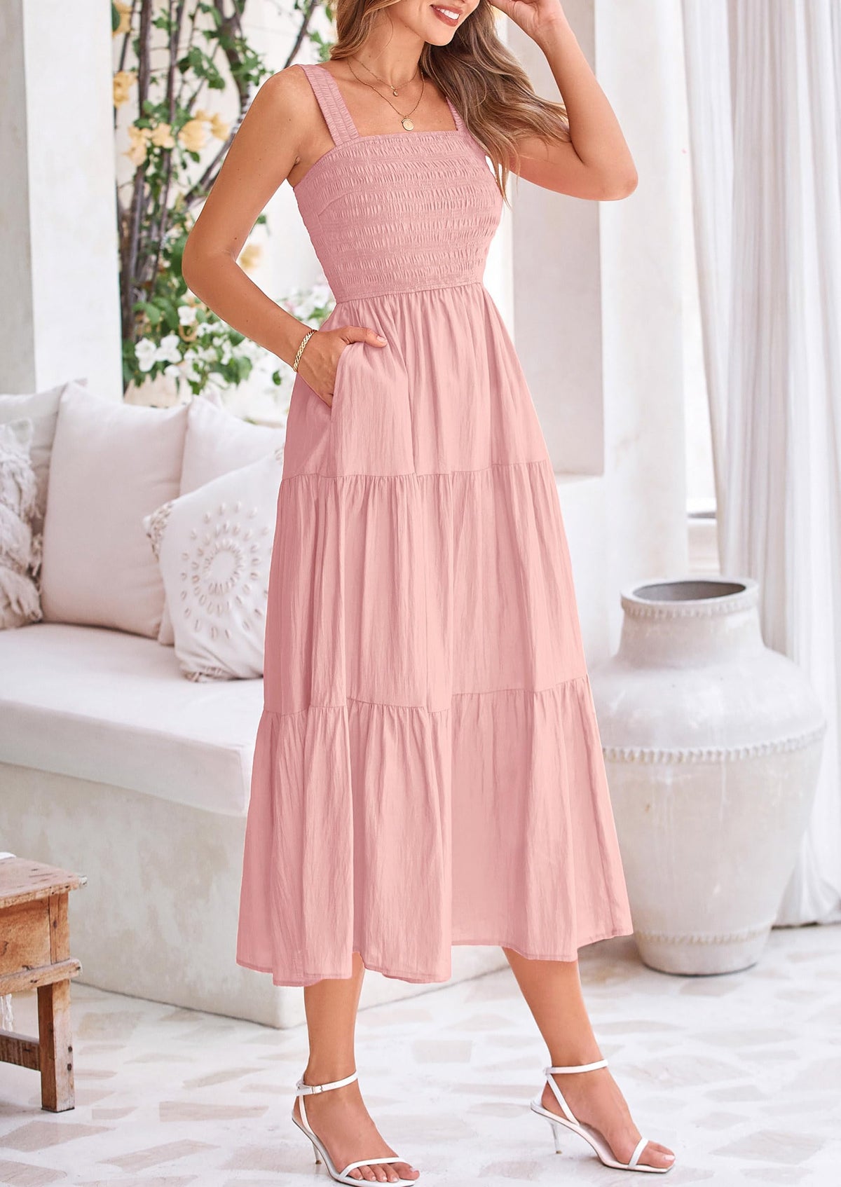 Smocked Ruffle A Line Long Flowy Sleeveless Beach Midi Dress