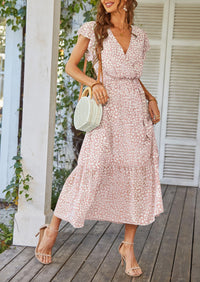 Floral Wrap V Neck Hem A-Line Bohemian Maxi Dresses