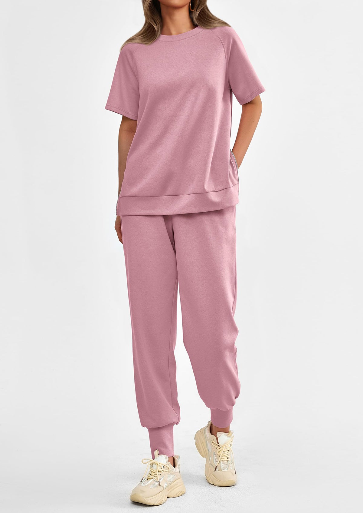 Casual Short Sleeve Tops High Waisted Sweatpants Two Piece Sets
