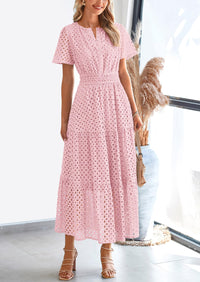 Short Sleeve V Neck Hollow Out Eyelet A Line Long Beach Maxi Dress