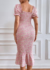PRETTYGARDEN Bodycon Midi Dresses Summer Floral Puff Sleeve Mermaid Cocktail Baby Shower Photoshoot Maternity Dress
