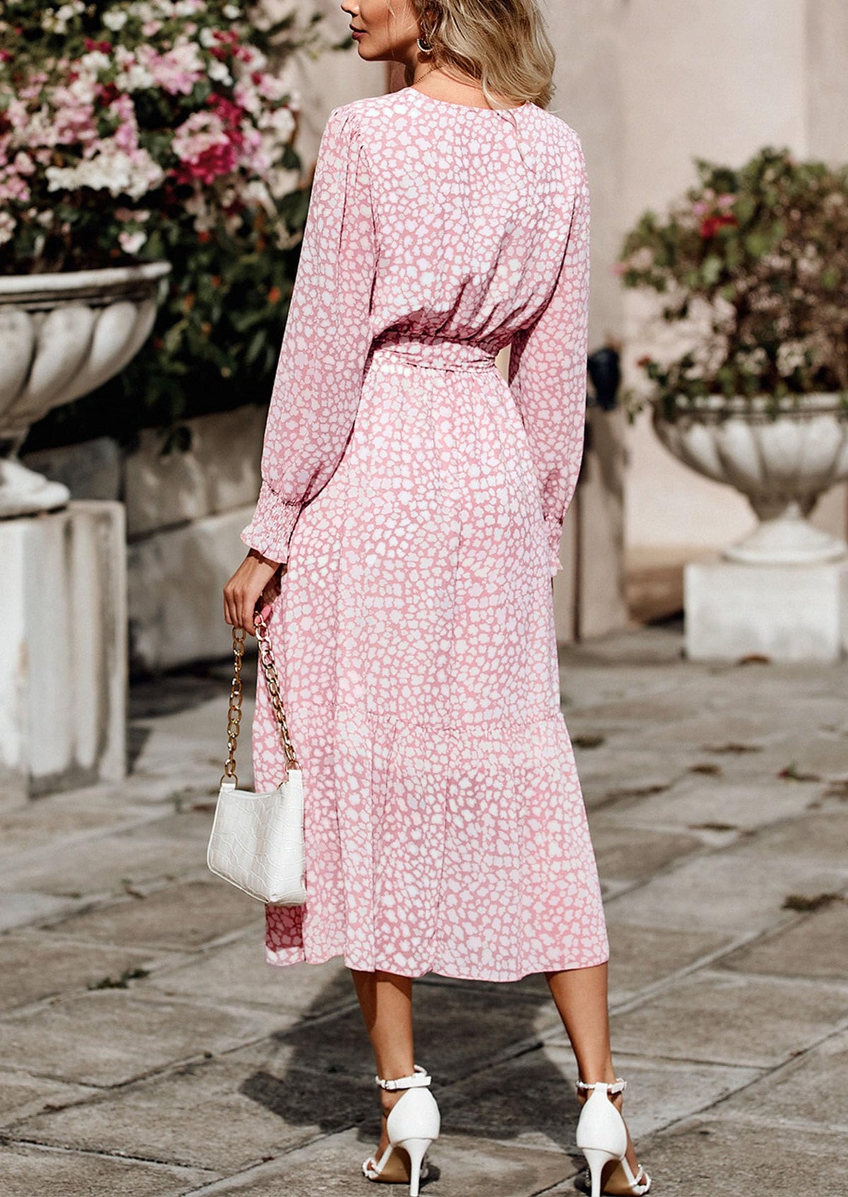 Long Sleeve V Neck Ruffle Belted Boho Dresses
