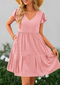 Casual Cap Sleeve V Neck Tiered Ruffle Swing A Line Dresses