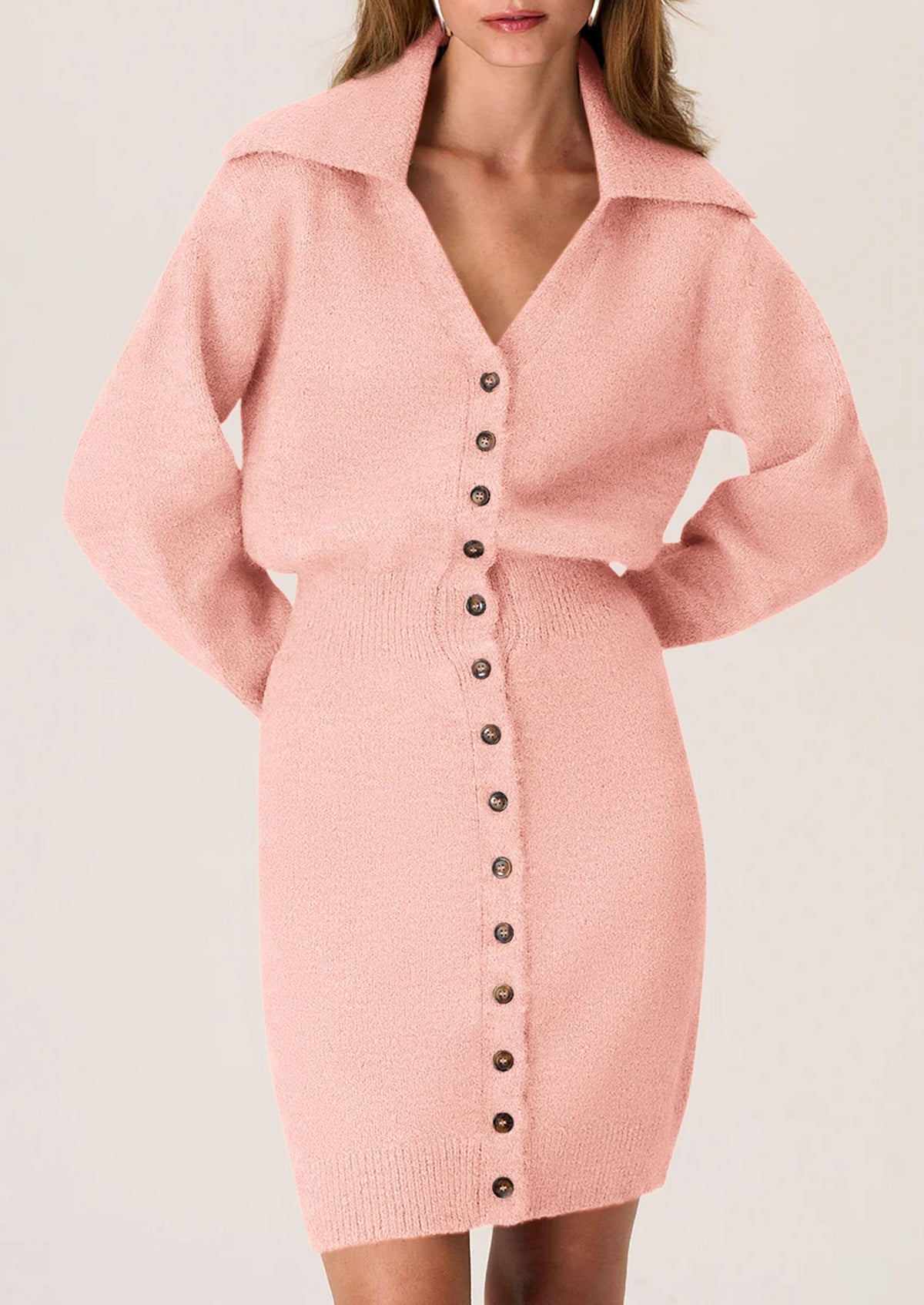 Long Sleeve V Neck Button Down Knit Pullover Sweater Dresses