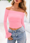 PRETTYGARDEN Off The Shoulder Tops for Women Trendy Ruched Mesh Slim Fit Long Sleeve Shirts Y2K Going Out Summer Outfits