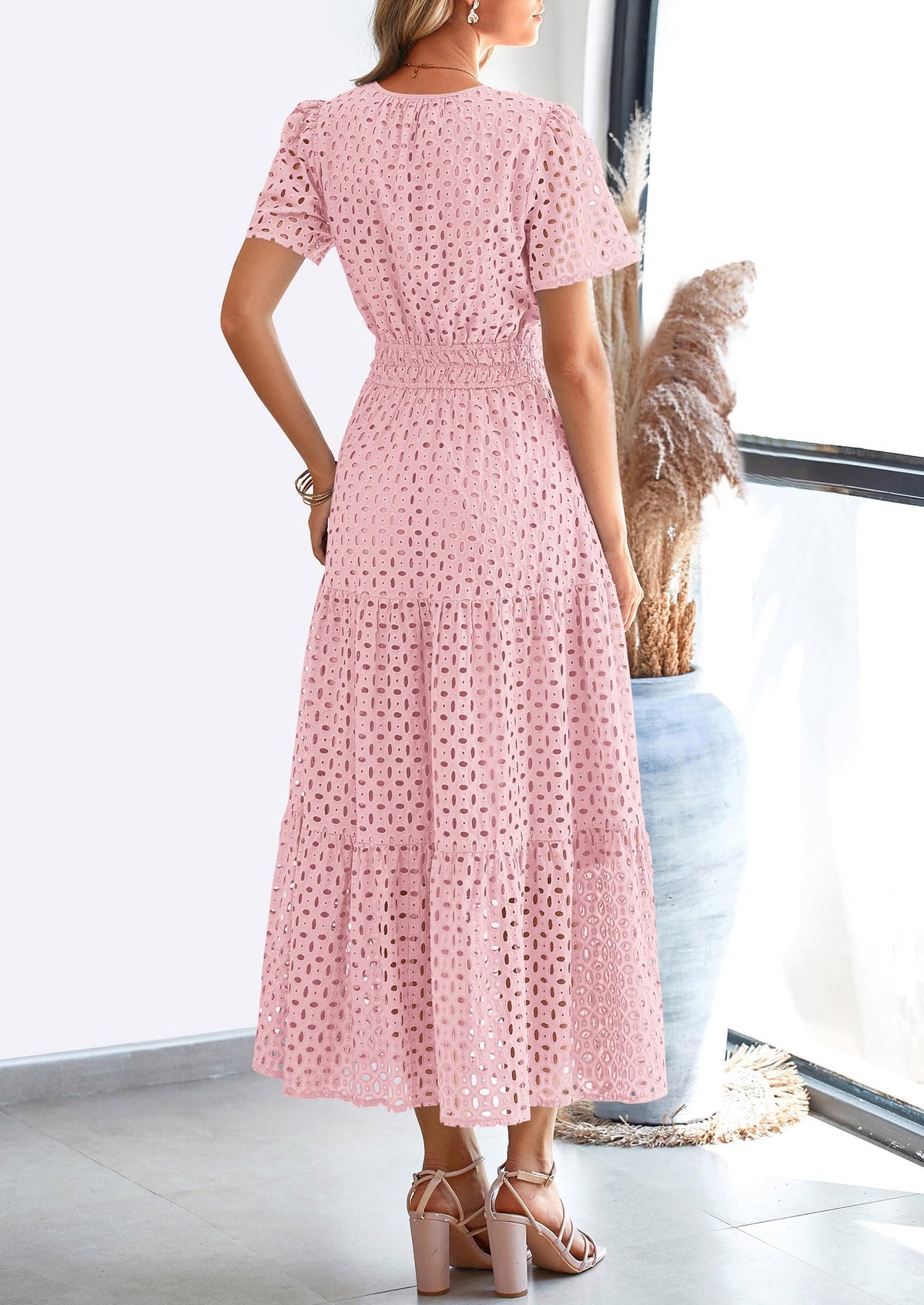 Short Sleeve V Neck Hollow Out Eyelet A Line Long Beach Maxi Dress
