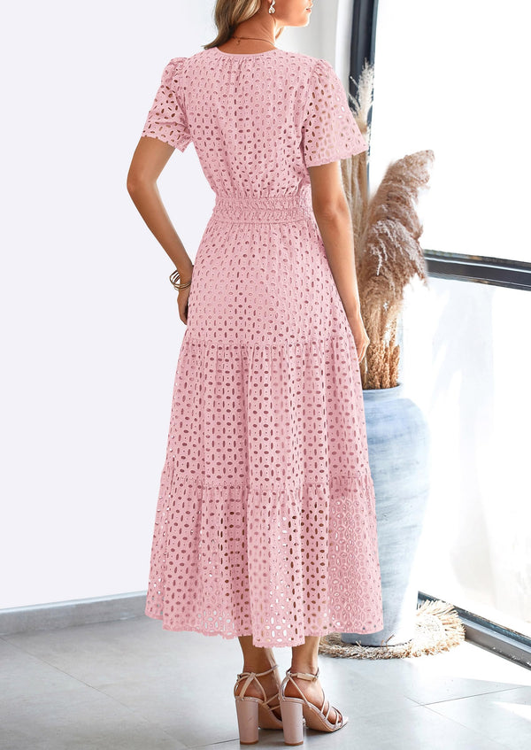 Short Sleeve V Neck Hollow Out Eyelet A Line Long Beach Maxi Dress