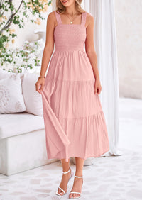 Smocked Ruffle A Line Long Flowy Sleeveless Beach Midi Dress