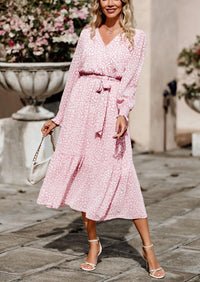 Long Sleeve V Neck Ruffle Belted Boho Dresses