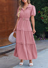 PRETTYGARDEN Women's Summer Maxi Dress Puff Short Sleeve Lapel V Neck Tiered A Line Flowy Elegant Party Dresses with Belt