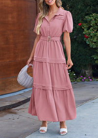 Puff Short Sleeve Lapel V Neck Tiered A-Line Flowy Party Dresses With Belt