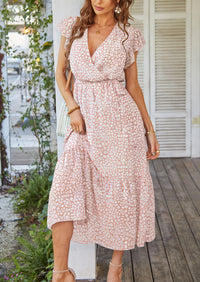 Floral Wrap V Neck Hem A-Line Bohemian Maxi Dresses