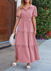PRETTYGARDEN Women's Summer Maxi Dress Puff Short Sleeve Lapel V Neck Tiered A Line Flowy Elegant Party Dresses with Belt