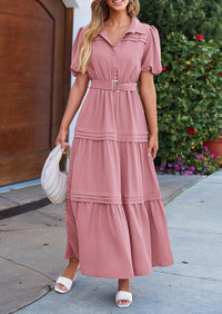 Puff Short Sleeve Lapel V Neck Tiered A-Line Flowy Party Dresses With Belt