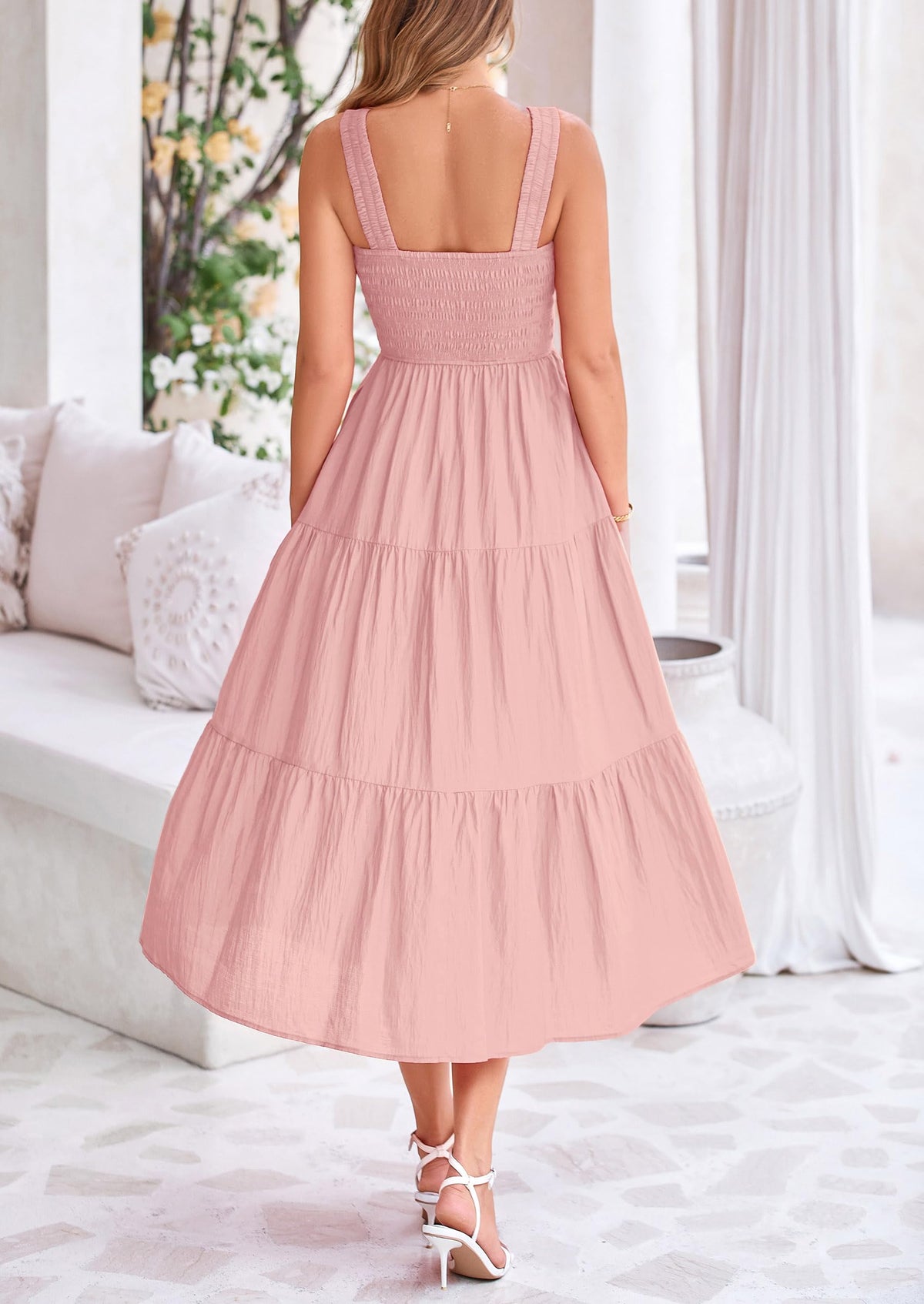 Smocked Ruffle A Line Long Flowy Sleeveless Beach Midi Dress