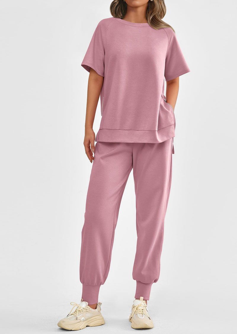 PRETTYGARDEN 2 Piece Outfit Tracksuits Casual Short Sleeve Tops High Waisted Sweatpants Set