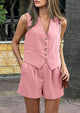 Button Down V Neck Vest Sleeveless Tops And Pockets Shorts 2 Piece Suits Sets