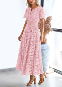 Short Sleeve V Neck Hollow Out Eyelet A Line Long Beach Maxi Dress