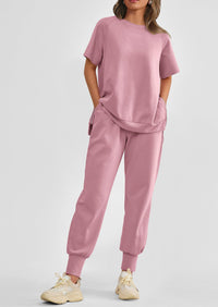 Casual Short Sleeve Tops High Waisted Sweatpants Two Piece Sets