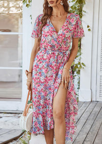 V Neck Short Sleeve Belted Ruffle Hem A-Line Bohemian Maxi Dress