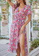 V Neck Short Sleeve Belted Ruffle Hem A-Line Bohemian Maxi Dress