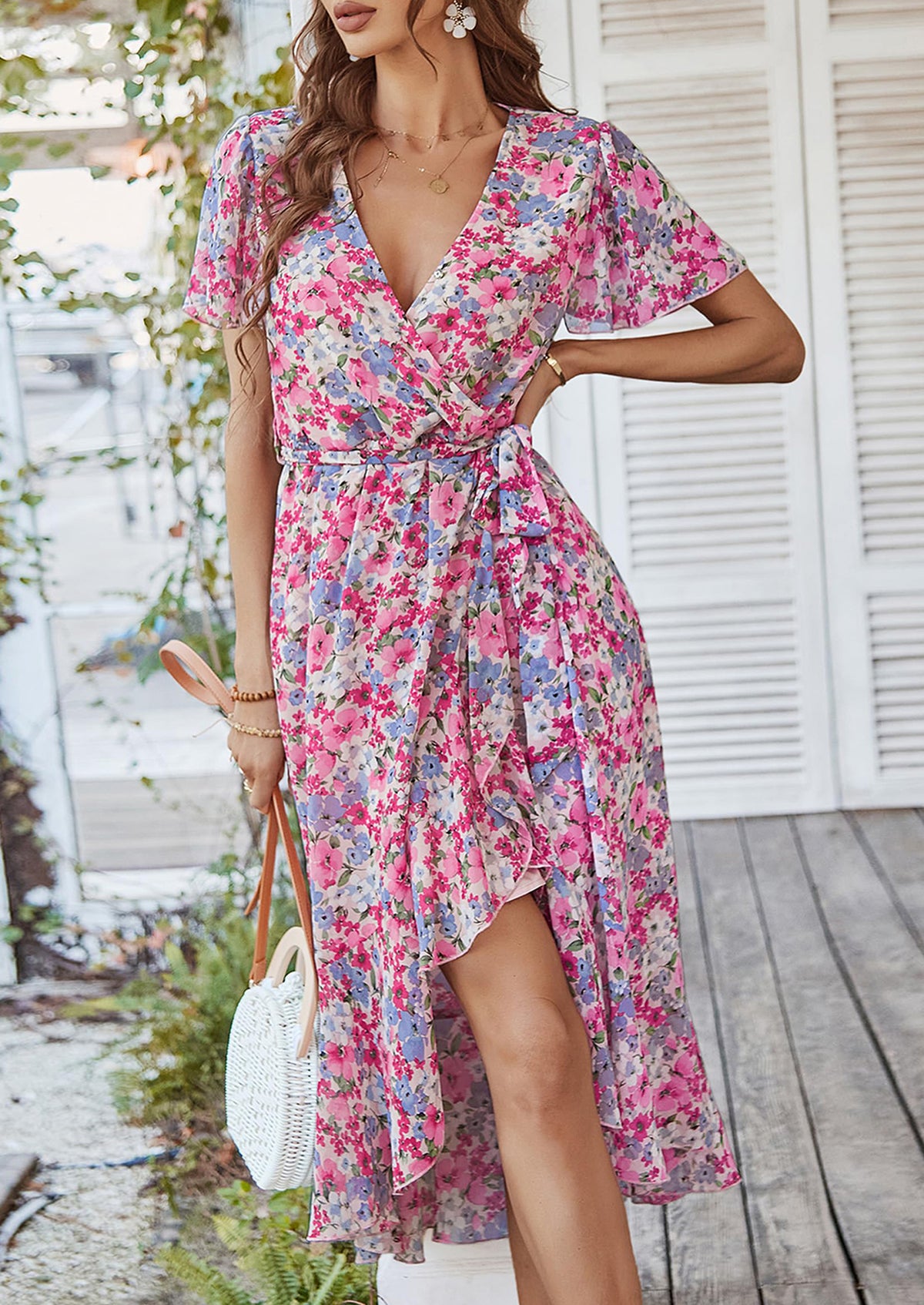 V Neck Short Sleeve Belted Ruffle Hem A-Line Bohemian Maxi Dress